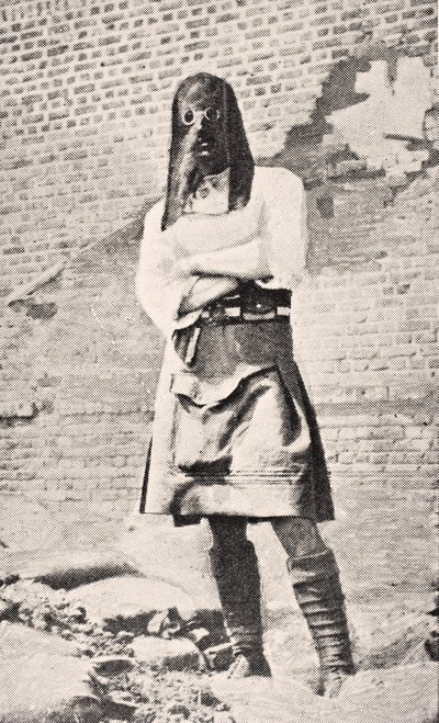 Scottish soldier wearing gas mask in 1915 by English School